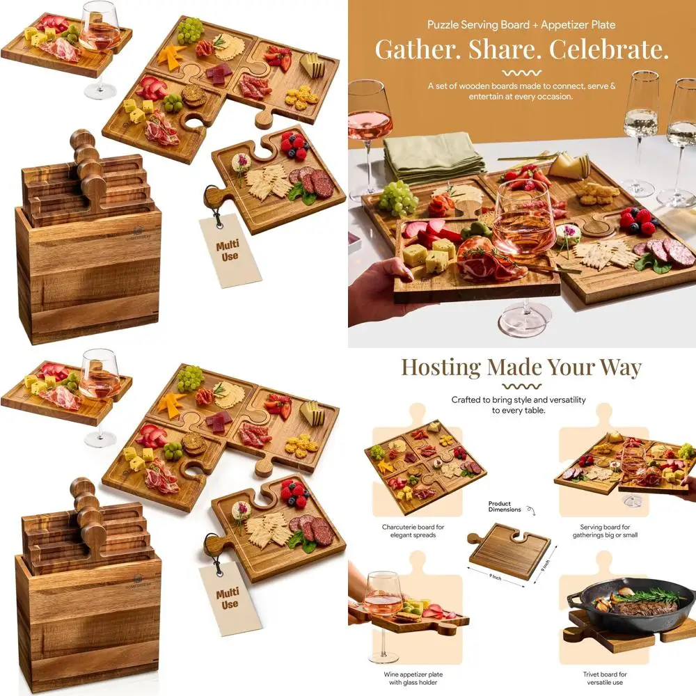 

Набор из 4 досок для мясных изделий из дерева акации с ручками и держателями для бокалов для вина, блокирующих тарелок для закусок для малых и больших размеров