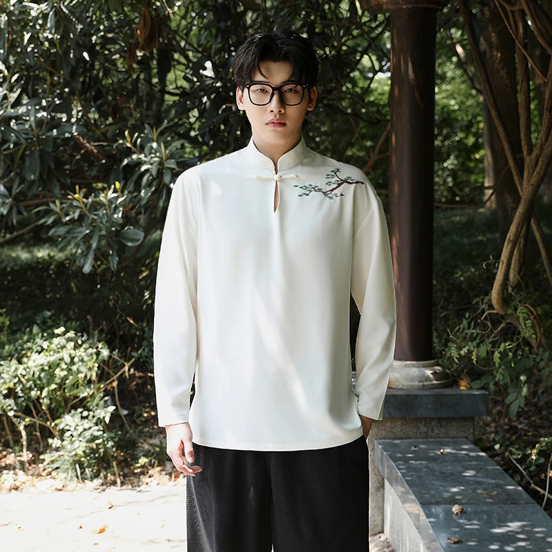 

Мужская рубашка с длинным рукавом и вышивкой, воротник-стойка, на пуговицах, винтажный китайский стиль, костюм Тан, свободный крой, молодежная мода
