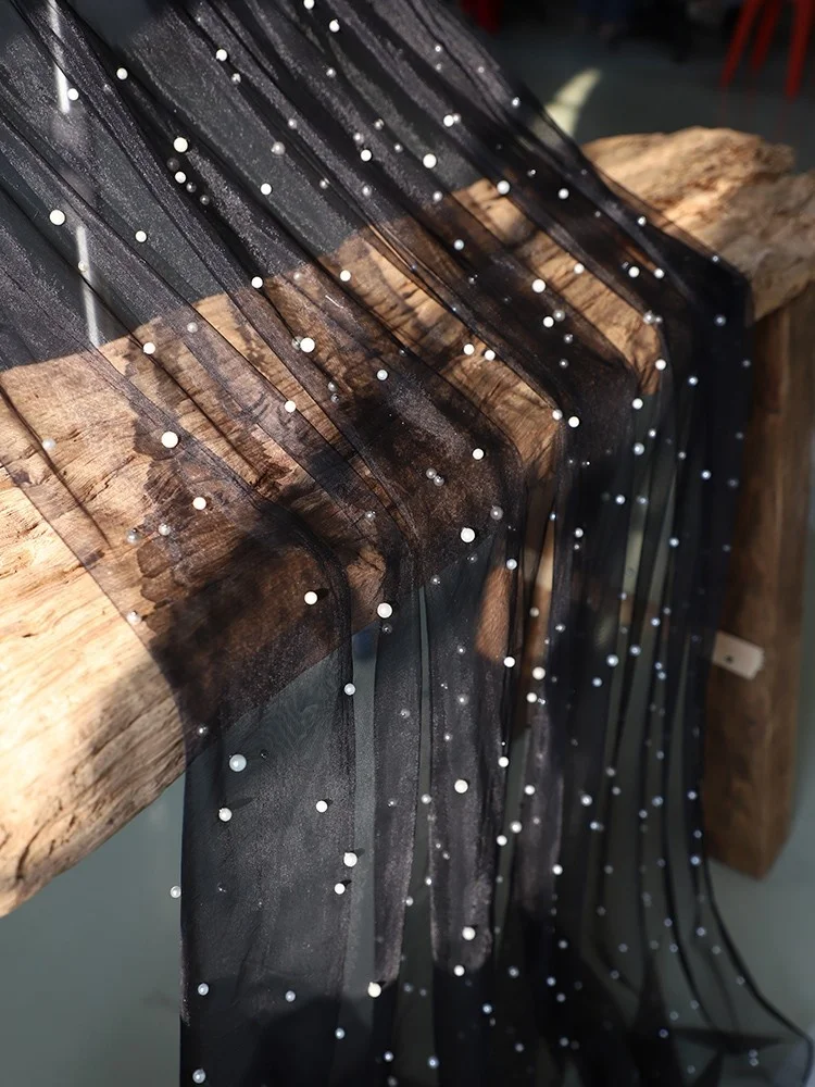 قماش تول اللؤلؤ الأسود لتنورة فستان الزفاف، شبكة لؤلؤية بيضاء وشامبانيا، مادة ستائر مطرزة يدويًا للديكور المنزلي