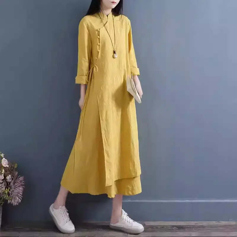 Chinese Style Button Up Improved Cotton And Linen Dress 2024 Spring Autumn Double Layered Artistic Retro Women's Clothing K1728