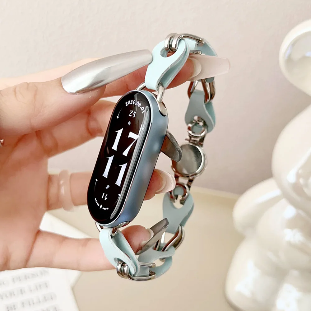 سوار متأنق رسمي لـ Xiaomi Smart Band 8/9/ 10 Mi حزام بديل من الجلد الطبيعي مع سوار معصم من الفولاذ المقاوم للصدأ
