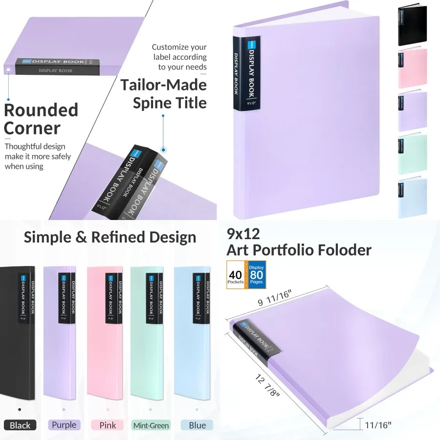 Sooez Art Portfolios 9x12 pollici con 40 tasche e 80 pagine Cartella portfolio grande per carichi pesanti con foglio protettivo trasparente