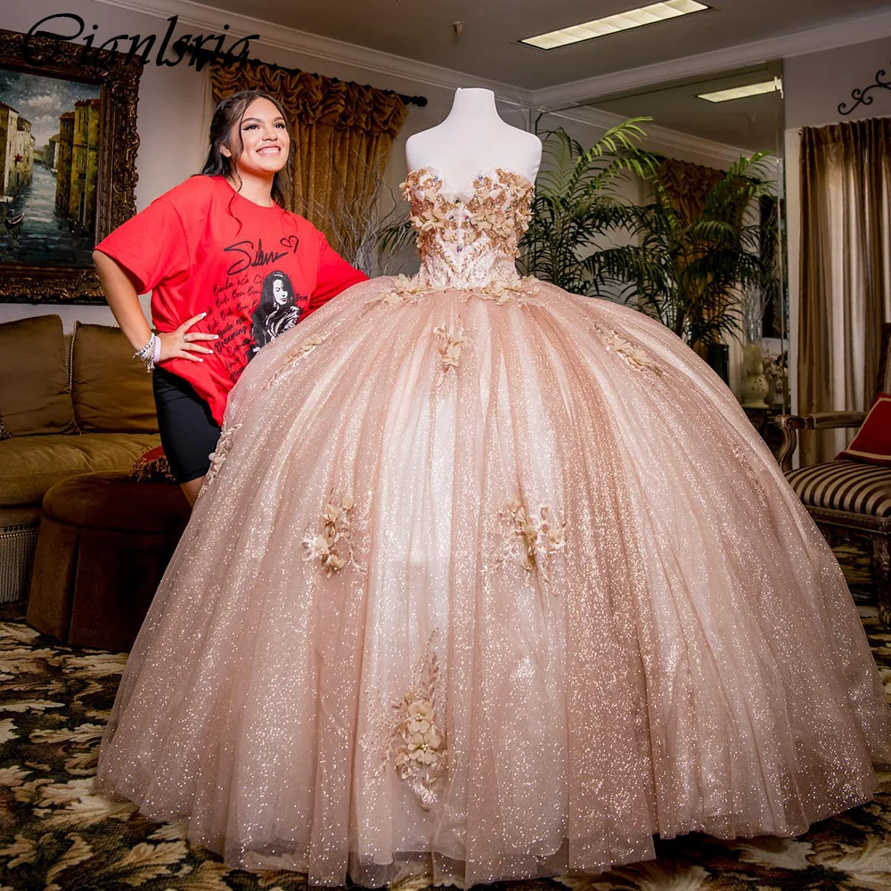 Rose Gold 3D Flowers Ball Gown Quinceanera Dresses Beading Pearls Detachable Sleeve Corset Vestidos De 15 Años