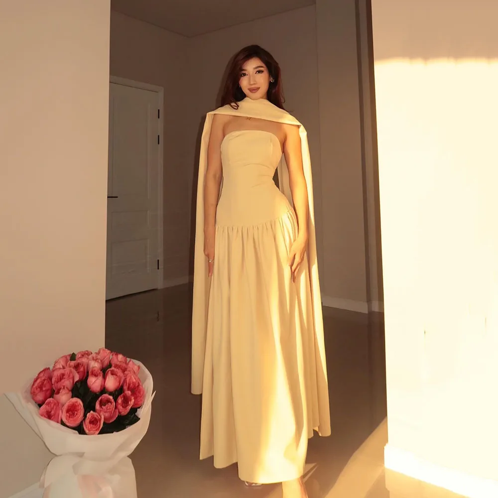 

Msikoods Yellow Party Dress Strapless Pleated Birthday Gown Detachable Cape Elegant Formal Gown Evening Dresses Customized
