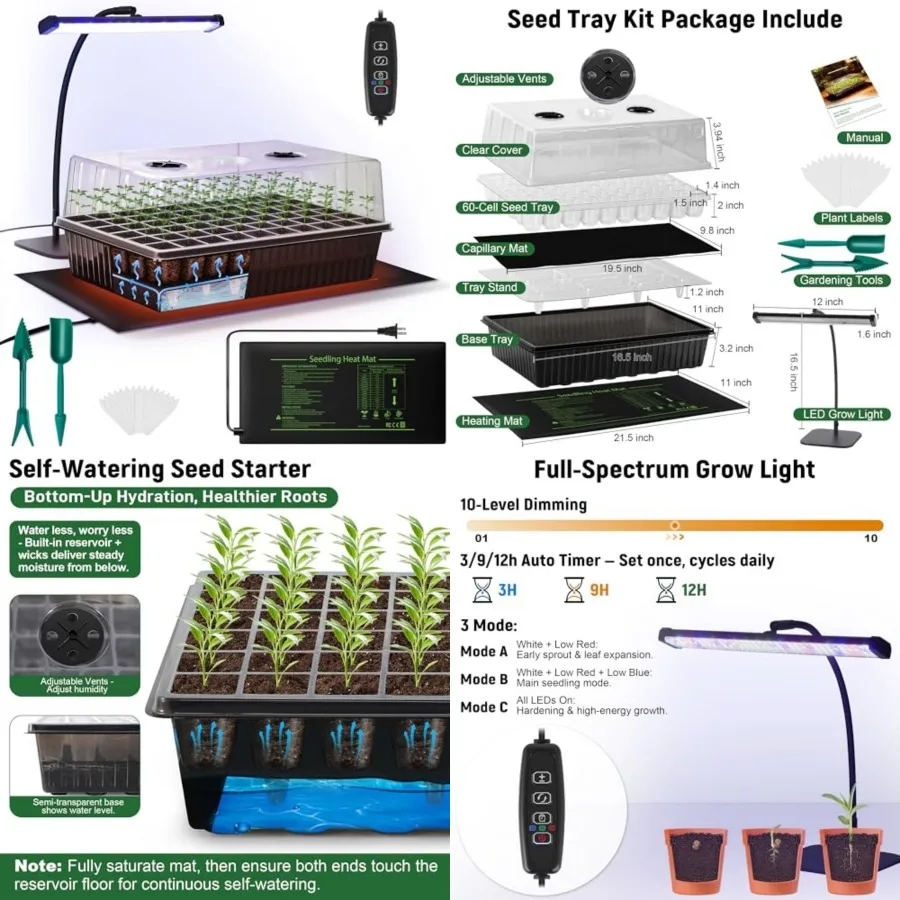 

60-Cell Self-Watering Seed Starter Kit with Grow Light and Heat Mat, Seedling Tray with Humidity Dome, Indoor Plant Germination