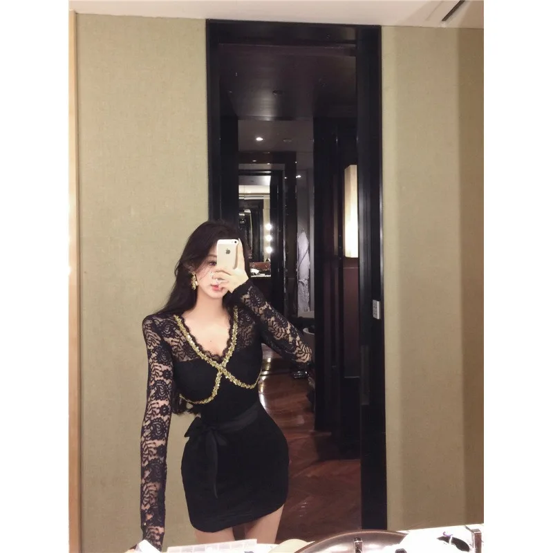 Vestido de manga comprida com decote em V temperamento para mulheres com renda fina rabo de peixe saia longa cintura pacote vestido quadril