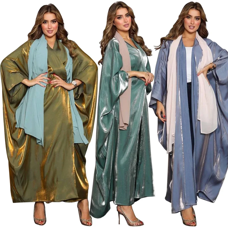 Modest Muslim Bright Silky Satin Batwing Sleeve Open Abayas Stylish Oversized Arab Dubai Moroccan Kaftan Corban Eid Robe