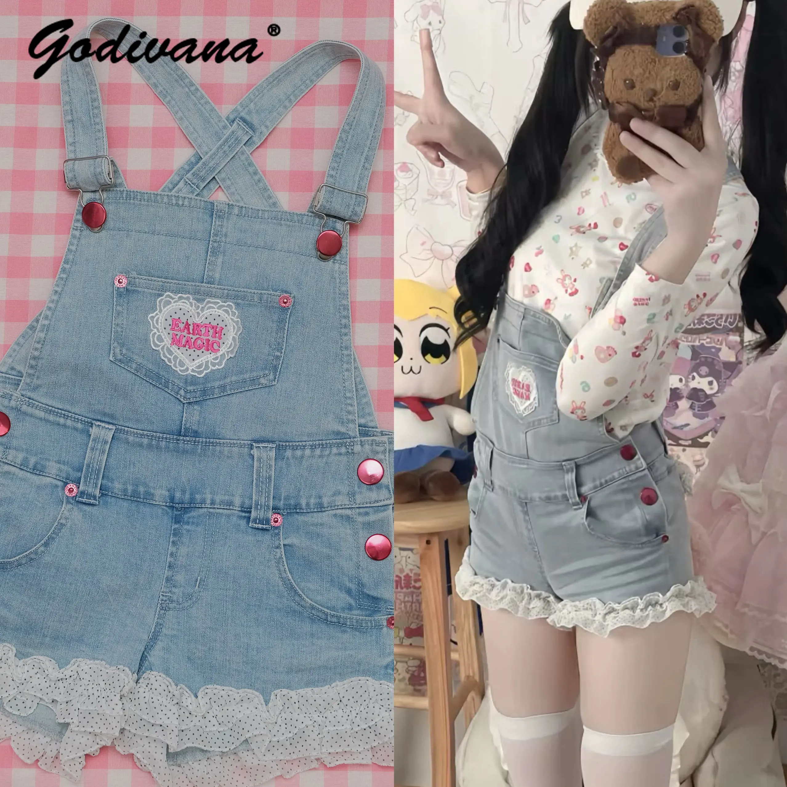 

Милые джинсовые комбинезоны Y2K для девочек в японском стиле, популярная девушка Kawaii в горошек, лоскутные джинсы с рюшами, шорты, комбинезон для дочери, наряд