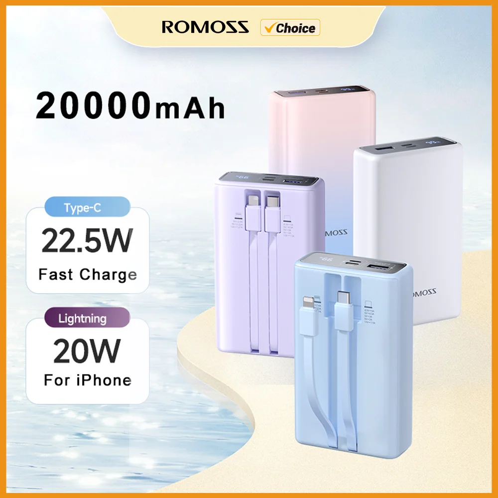 ROMOSS Power Bank 20000mAh Built-in Cable 22.5W Powerbank Fast Charge Portable External Battery For iPhone 15 Xiaomi Huawei