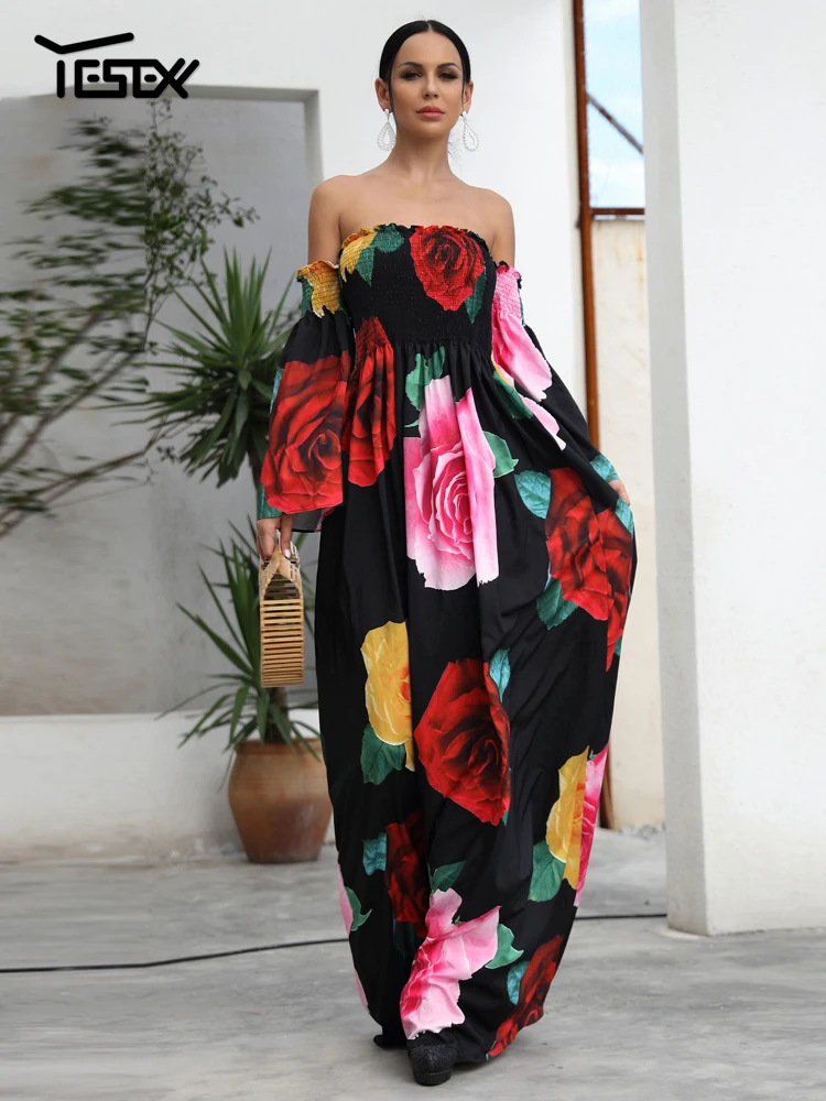 Yesexy Summer Sexy Off the Shoulder Flower Print sukienka plażowa głęboki dekolt Backless elegancka sukienka Boho z długim rękawem dla kobiet