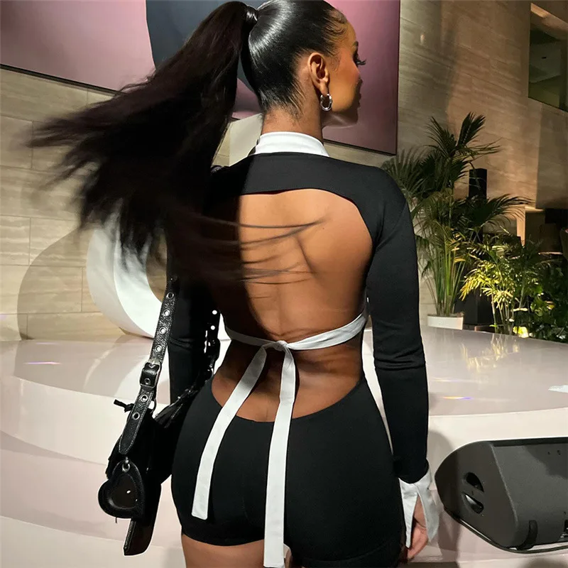 Sexy Hot Girls Slim Tute corte Moda donna Nero Bianco Profondo scollo a V Backless Leace-up Bodycon Tuta Party Club Abbigliamento