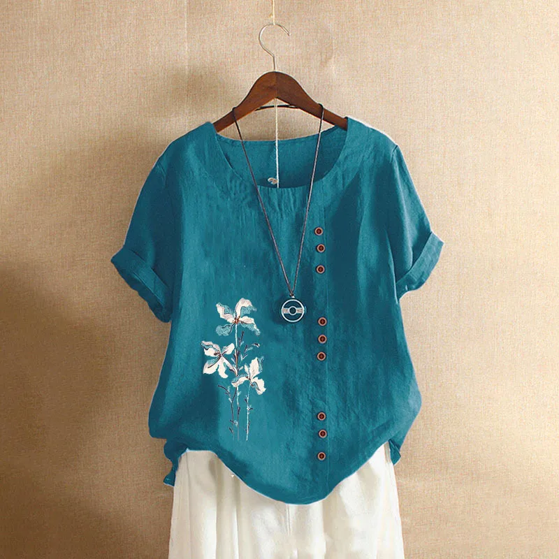 

Women Blouse Summer Retro Casual Loose Cotton Linen Short Sleeved Pullover T-shirt Lady Print Round Neck Button Shirts Tops