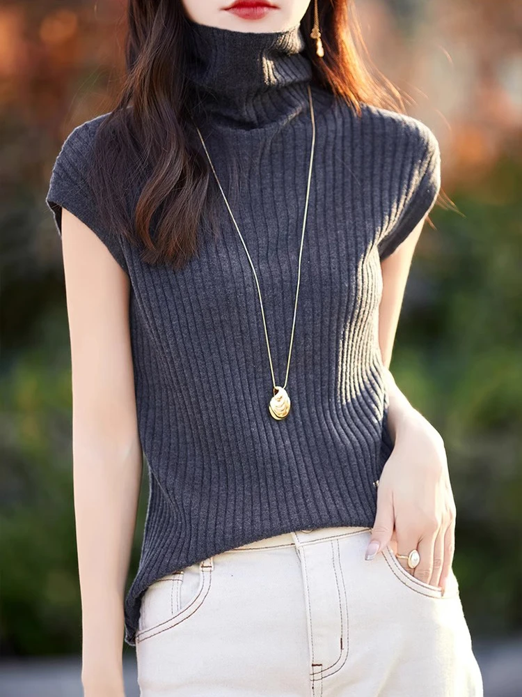 

High Collar Knitted Sweater Women's Short Sleeve Vest Base Shirt Korean Style Slimming Fleece Soft Comfortable Commute Style