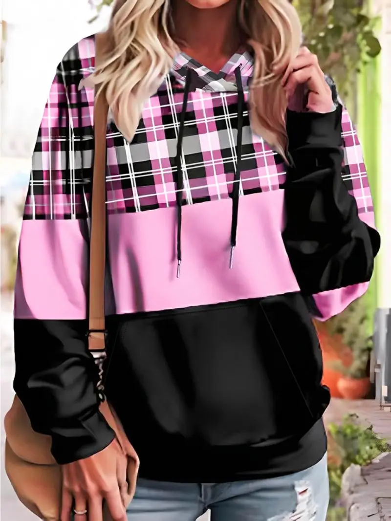 Drawstring hooded sweatshirt with loose shoulder and long sleeves, beautiful women's casual pullover top