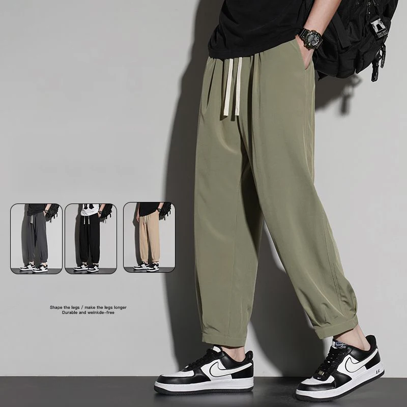 

2026 Summer New Men Ice Silk Casual Taper Leg Ankle Length Pants Male Fashion Versatile Lightweight Breathable Sweatpants