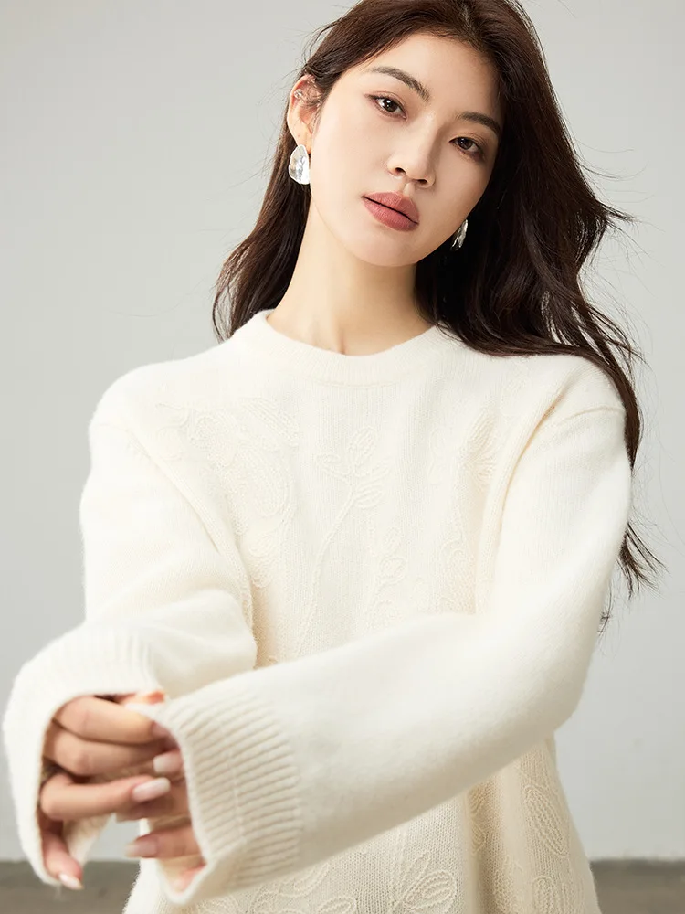 버드트리, 100% 양모 자카드 니트 스웨터, 여성용 O넥 긴팔 루즈 니트웨어, 2025 가을 화이트 풀오버 T59012JF