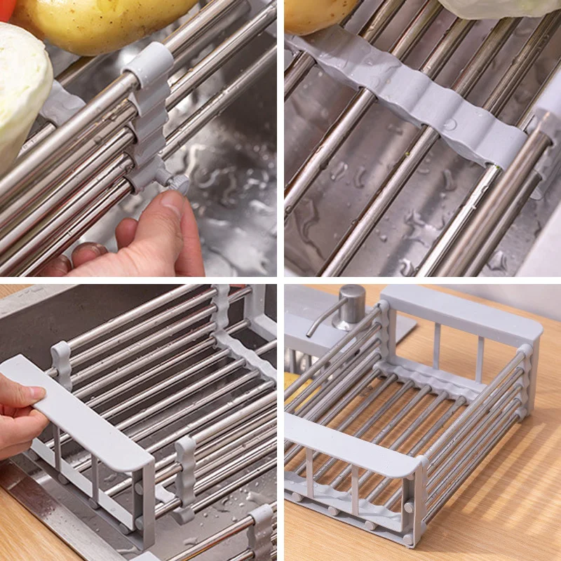 JIT+1pc Stainless Steel Retractable Drain Basket for Kitchen Sink - Multifunctional Water Tank Rack for Vegetable and Fruit - Co
