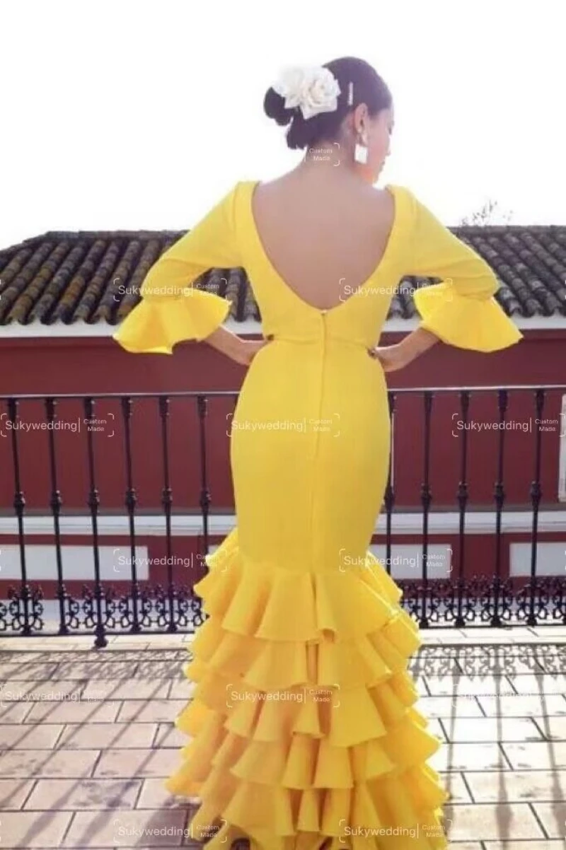 Yellow Mermaid  Prom Dresses Flamenca Formal Dance Dresses Fairy Sleeve Mesh Spanish  Ruffles Evening Dress