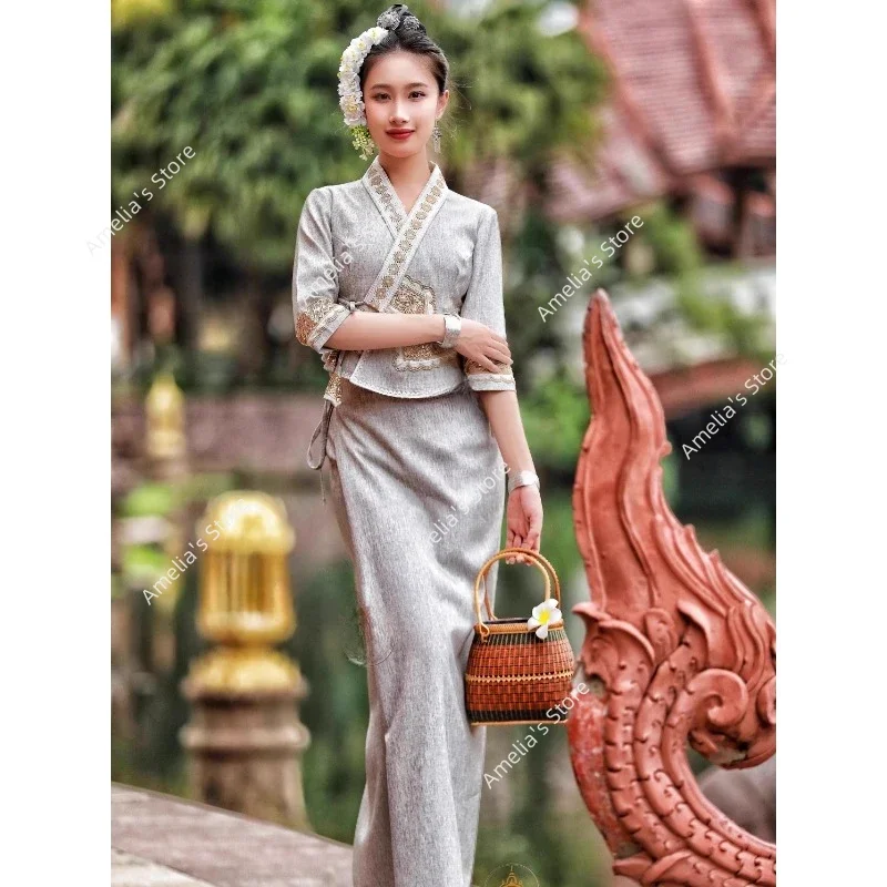 

Thai Dai Ethnic Women's New Style Spring Summer Songkran Festival Tops Skirt Daily Wear Thailand Traditional Clothing