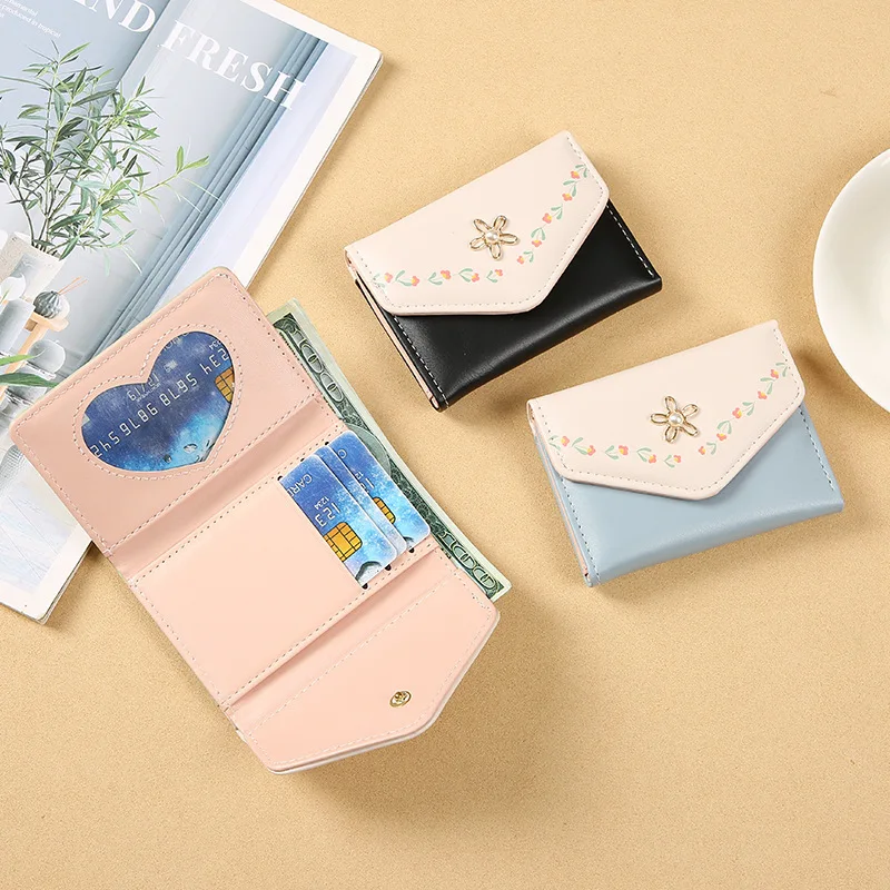 Cute Flower Printed Wallet Women's Short Trifold PU Leather Wallet ID Card Holder Cash Pocket Female Lightweight Compact Wallets