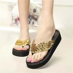 Summer Women Flip Flops Casual Sequins Anti-Slip Slippers Beach Thong Sandals Beach Open Toe Platform Shoes For Ladies Slides