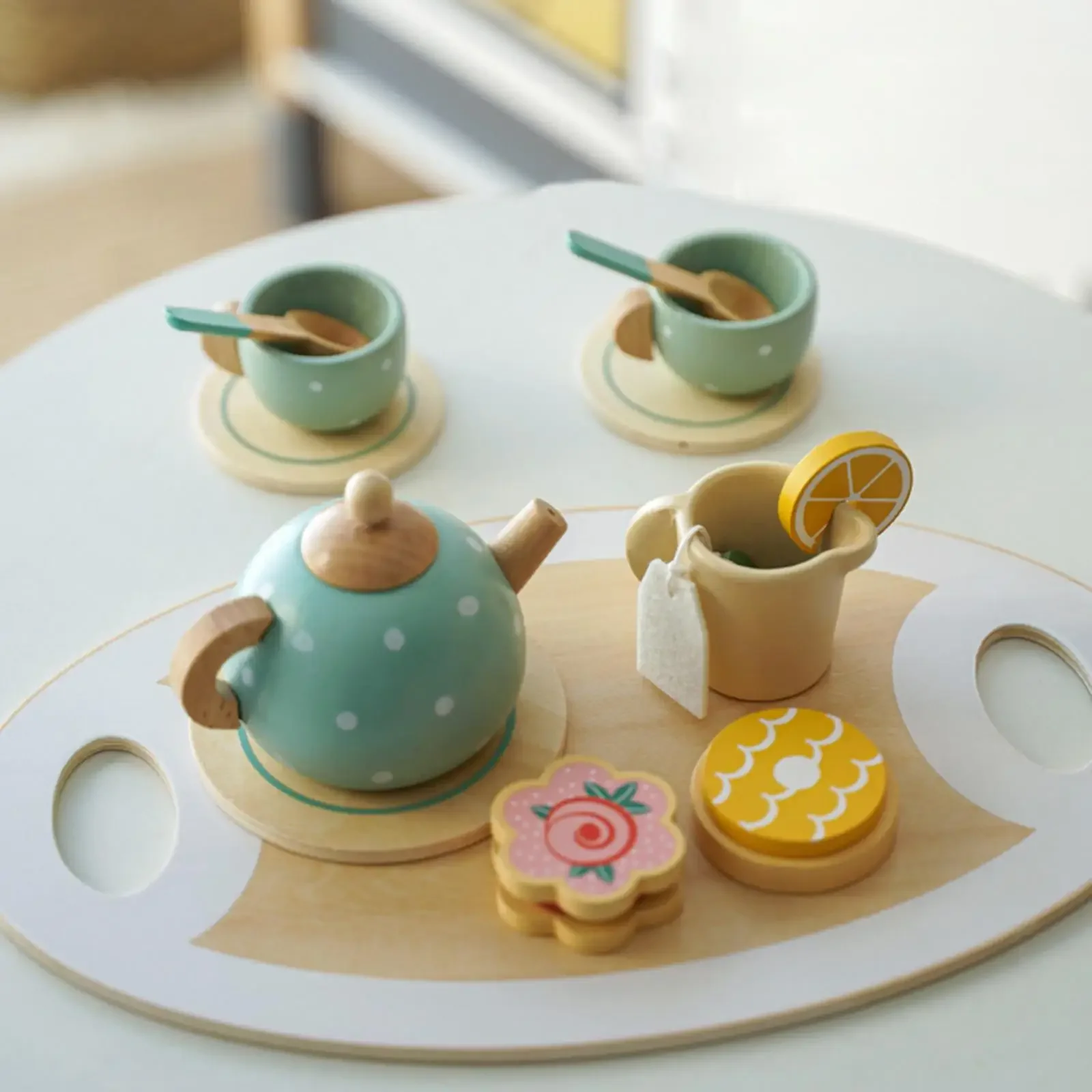 Tea Party Tableware Wooden Handiccraft Toy Kitchen Pretend Play Set for Toddlers Kids Birthday Gift Favors  Toys