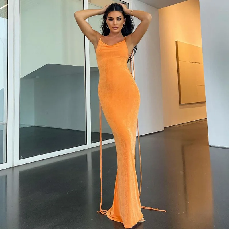 Women Summer Bodycon Open Back Dress Fashion Solid Color Halter Neck Sleeveless Wrap Long Dress Orange/White/Blue