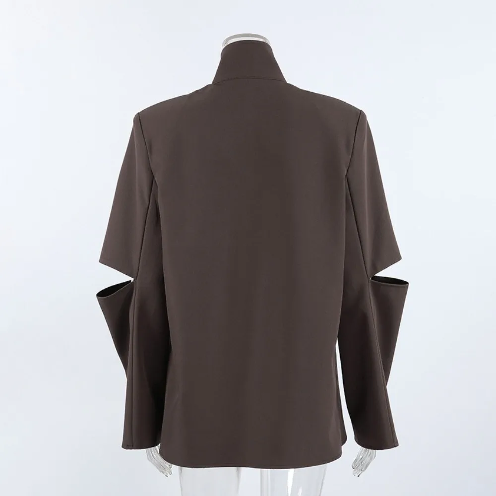 Brown Women Stand Collar Blazer Loose Fit Patch Pocket Casual Blazer Outerwear Long Sleeve Stand Collar Women Relaxed Blazer