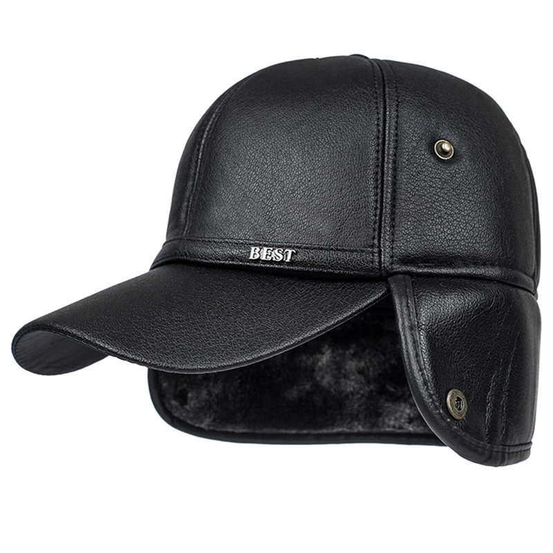 Winter Leather Bomber Hats Men Plush Snapback Hat Father Fishing Casquette with Earflaps Thicken Fur Warm Visors Caps Black