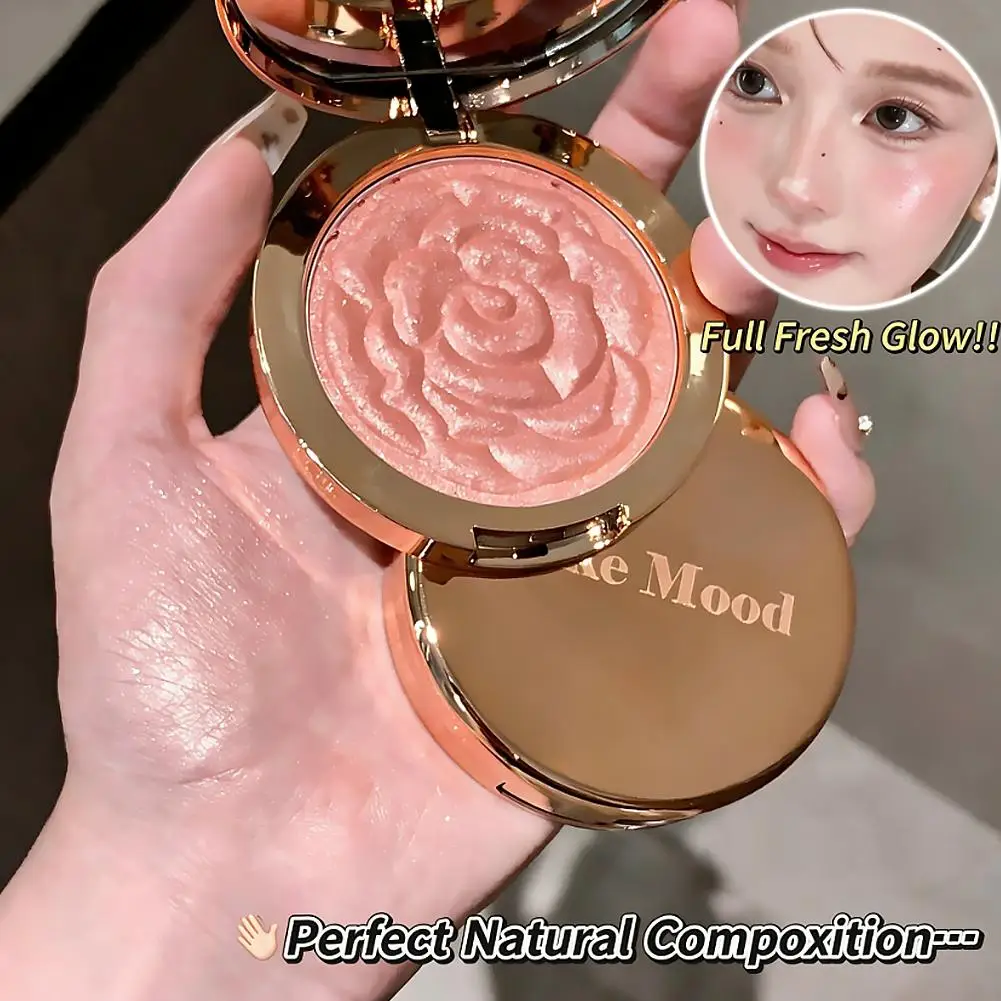 Rose Embossed Blush Highlighter Palette Pearlescent Shimmer Blusher Baked Powder High Gloss Peach Facial Cheek Brightening Rouge