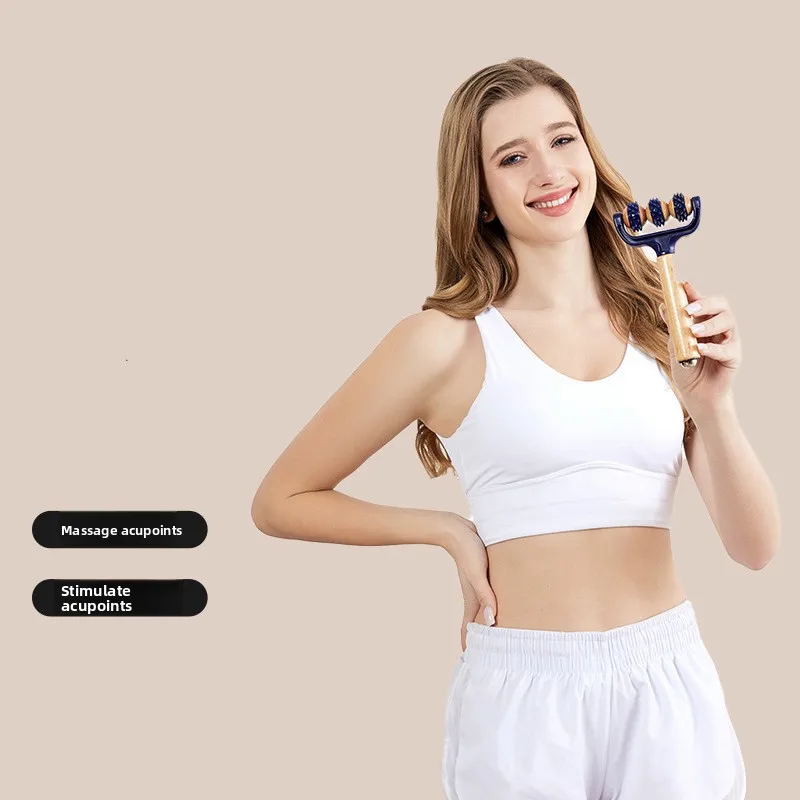 Wooden Handheld Massage Roller, Spiky Acupressure Stick for Muscle Relief, Yoga & Neck Therapy