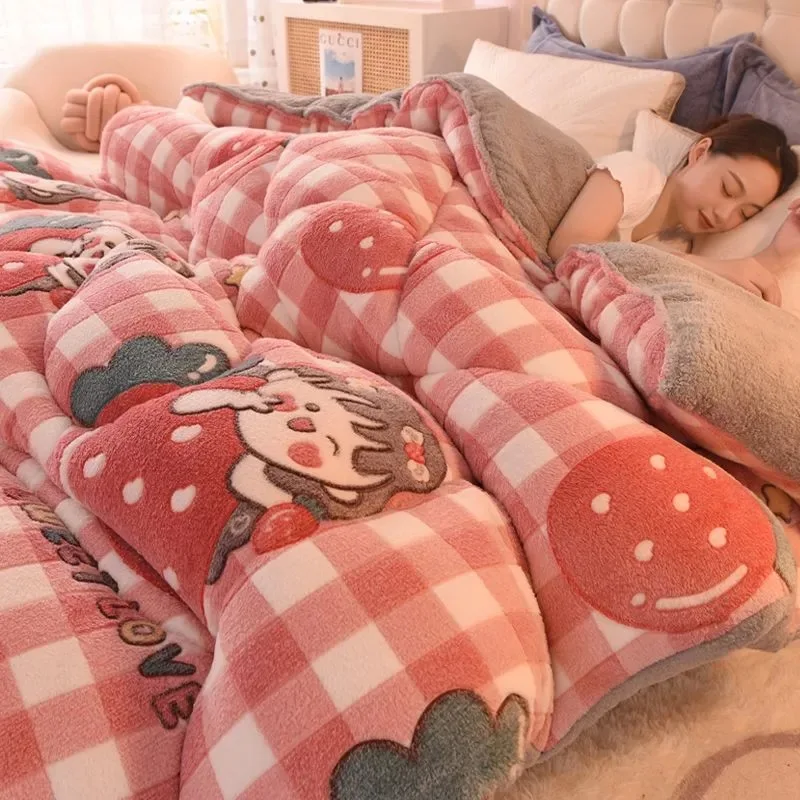 Double-Sided Plush Thick Winter Quilt Warm Sheepskin Cotton Comforter For Single/Double Bed Ideal Blanket For Student Dormitory