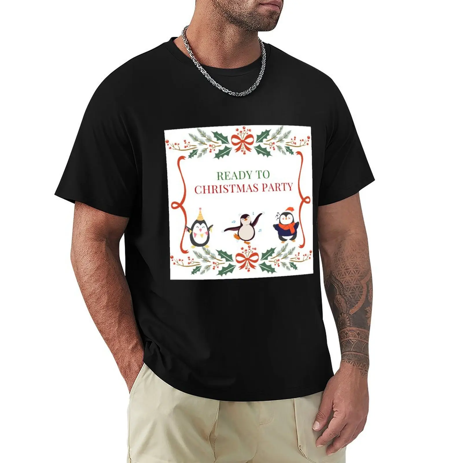 

Ready to the Christmas party with cute penguins. T-Shirt new edition cotton man t-shirts mens graphic t-shirts
