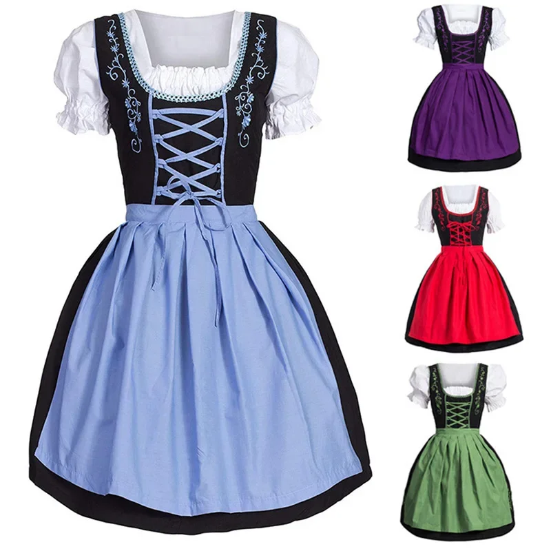 

Women Renaissance Medieval Dress Maid Costume Lace Up German Oktoberfest Dirndl Apron Cosplay Carnival Dress Up Party Costumes