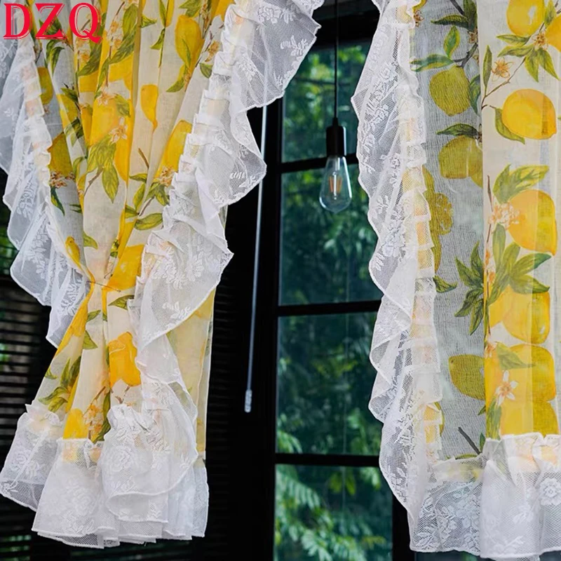 

Idyllic Fruit Tulle Door Curtain for Living Room Yellow Lemon Warp Ruffled Rural Gauze Half Curtain for Kitchen #A508