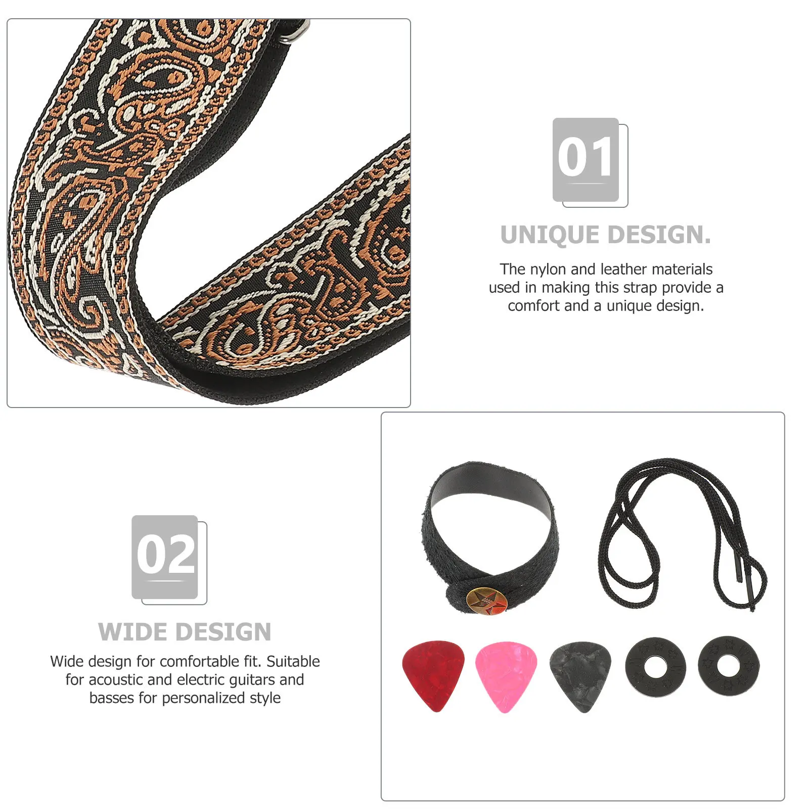 

1Set Guitar Strap Adjustable for Acoustic Electric Bass Guitar Includes Picks Locks Wide Comfortable Shoulder Fit