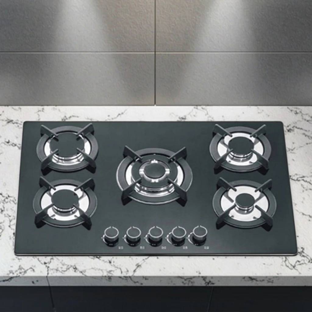 5-Burner Gas Cooktop Tempered Glass Surface Electronic Ignition Built-In Installation LPG/Natural Gas Compatible 27" Size Knob