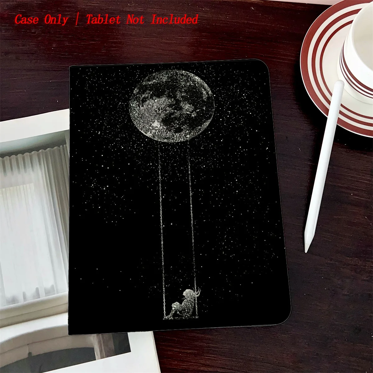 

Book Style iPad Case with Pen Slot & Black Moon Print, Auto Sleep/Wake, Simple Fresh Style for Pro/Air/Mini Series