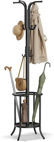Freestanding Coat Rack with Umbrella Holder, 12 Hooks for Entryway and Living Room in Black