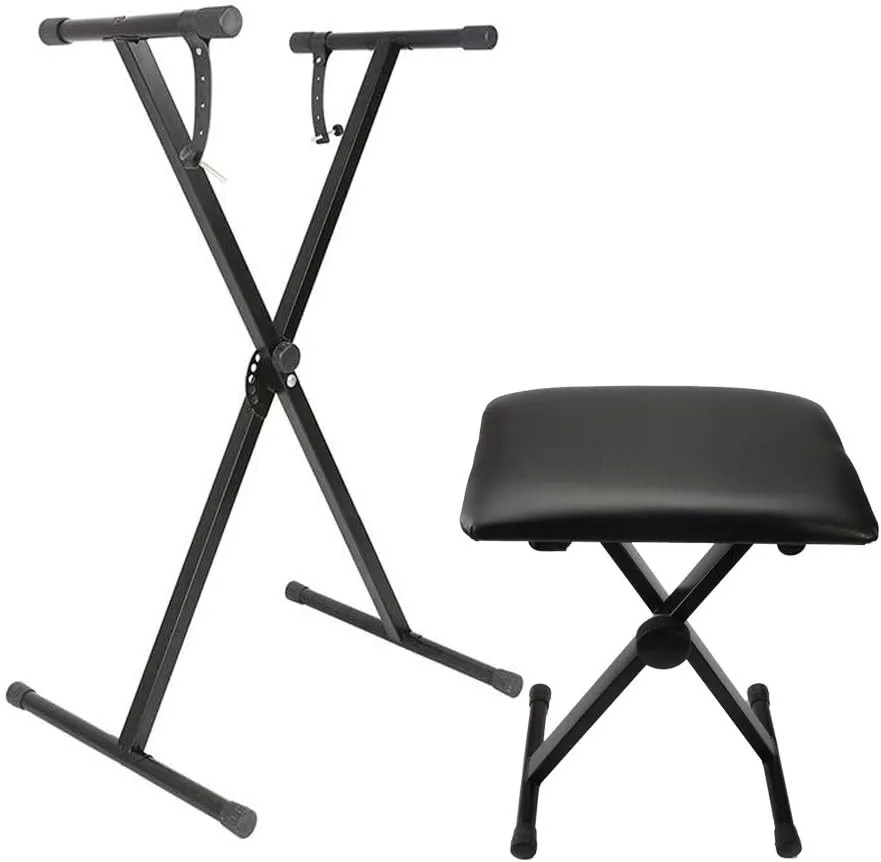 Single X Keyboard Stand and Bench Set, Adjustable Height Lockable Straps
