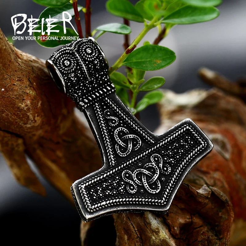 BEIER 2023 New Design 316L Stainless Steel Viking Amulet Nordic Mjolnir Thor\'s Hammer Pendant Owl pattern Pendant For Men Retro