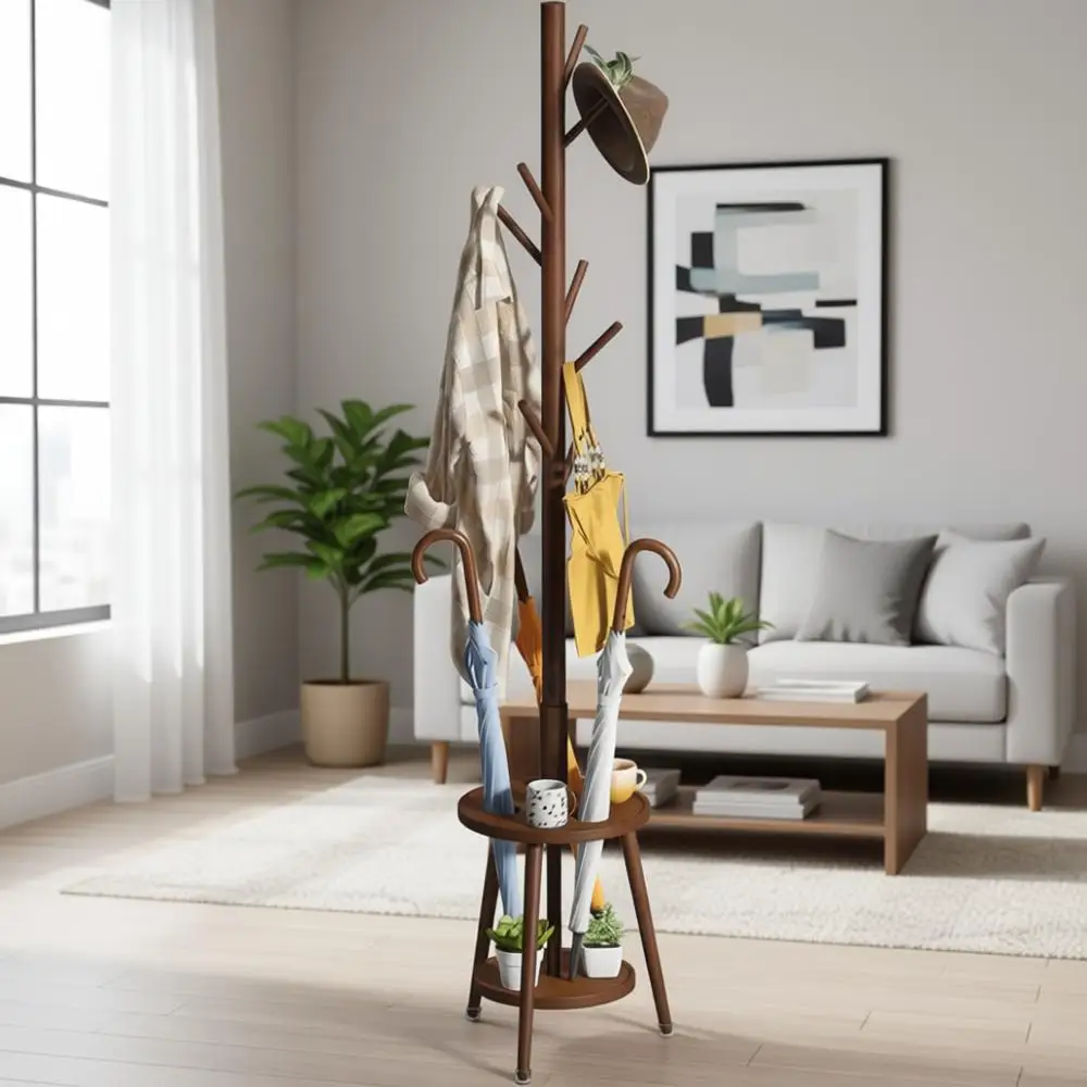 

Бамбуковая вешалка для одежды с 8 крючками, подставкой для зонтов и местом для хранения головных уборов для прихожей