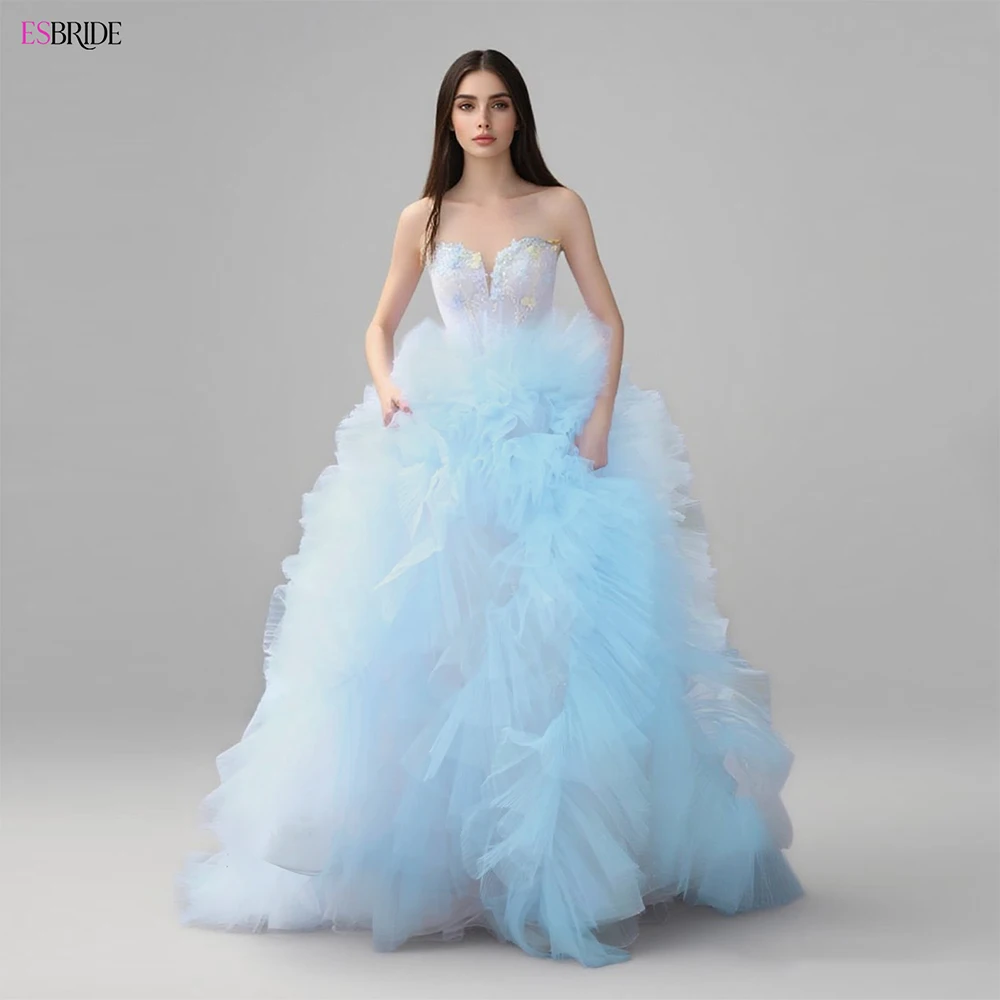 

ESBRIDE light blue wedding dress new strapless flower embroidery high-end bride wedding dress fantasy puffy skirt