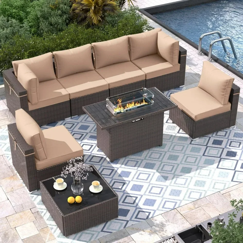 

8 Piece Patio Furniture Set with 43" Fire Pit Table, Outdoor Sofa Set Heavy Duty Wicker Furniture Set with 2 Waterproof Covers