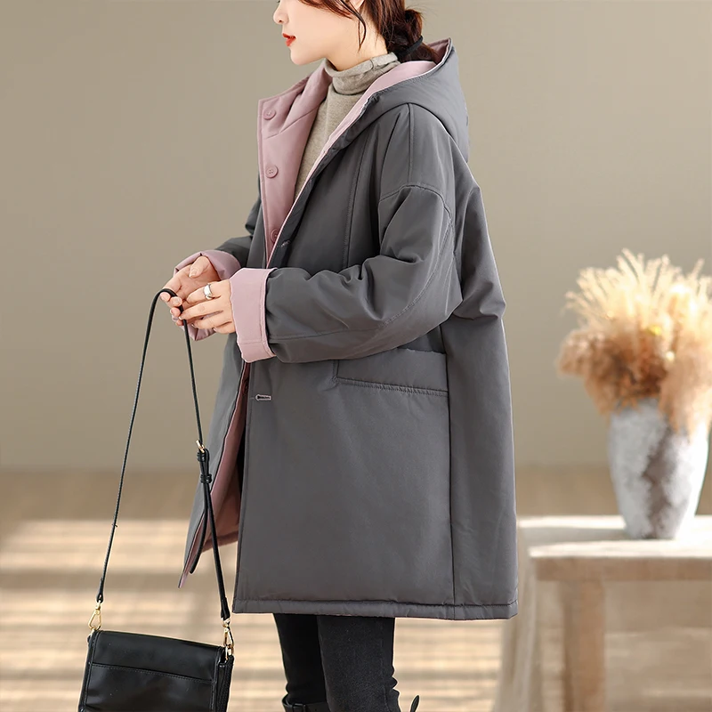 Thiened algodão jaet outerwear casual com capuz dupla face usar comprimento médio cor pura feminino commute sle roupas