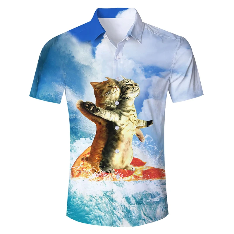 Mens Casual Button Down Shirts 3D Printed Funny Cat Pattern Short Sleeve Tee Shirt Tops Oversized Mens Hawaii Style Beach Shirt