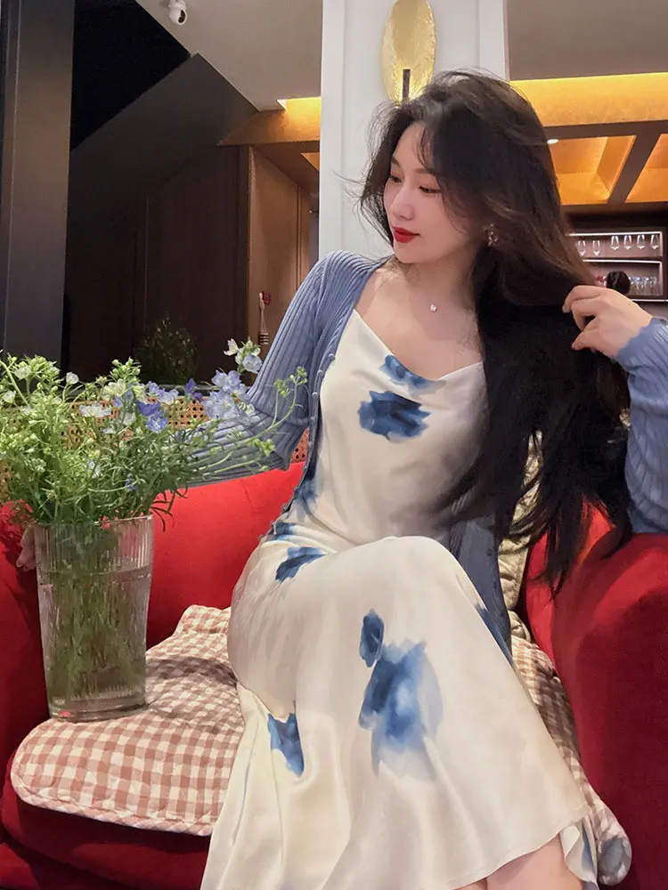 

YANGXIAOJING Spring Summer Women's Knitted Gor Cardigan Soft Print Lyocell Long Sve ort Length Button up Dr