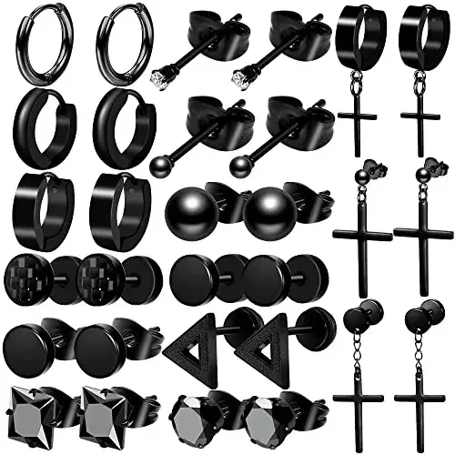 

15/18 Pcs Mens Black Earrings for Men Stainless Steel Earrings Piercing Jewelry Stud Hoop Punk Earrings Set for Women