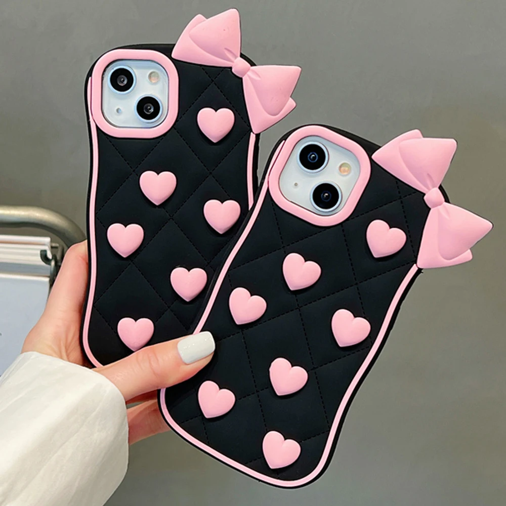 3D Cute Bowknot Heart Grid Soft Silicone Protective Phone Case for iPhone 11 12 13 14 15 Pro Max Lovely Girly Cover Shell