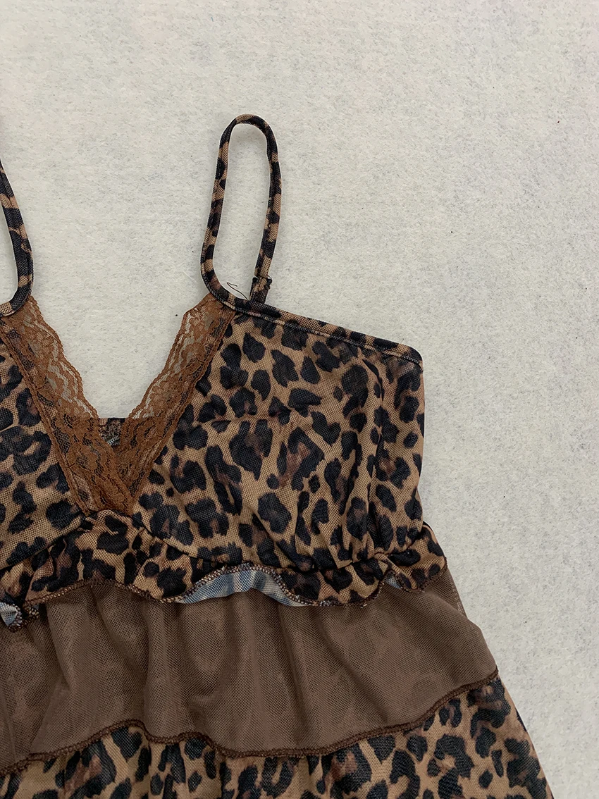 Modische Sexy Schlanke Pure Desire Damen-Weste Y2K Amerikanischer Retro-Leopardenprint Trägerhemd mit V-Ausschnitt und Doppellagiger Rüschenkante – Detail 17